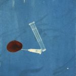 A depiction of a work of art that is blue from it's cyanotype process with reddish magenta beet ink. The cyanotype depicted shows used needles. There is an abstract quality to the work, though the needles are recognizable.
