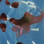 A depiction of a work of art that is blue from it's cyanotype process with reddish magenta beet ink. The cyanotype depicted shows used needles. There is an abstract quality to the work, though the needles are recognizable.